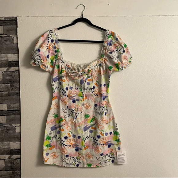 ASOS DESIGN square neck twill mini dress in bright peace print - Picture 4 of 13